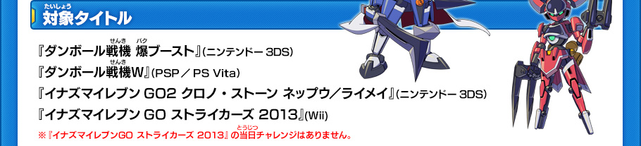 対象タイトル 『ダンボール戦機 爆ブースト』（ニンテンドー3DS）『ダンボール戦機Ｗ』（PSP／PS Vita）『イナズマイレブンGO2 クロノ・ストーン ネップウ／ライメイ』（ニンテンドー3DS）『イナズマイレブンGO ストライカーズ 2013』(Wii) ※『イナズマイレブンGO ストライカーズ2013』の当日チャレンジはありません。