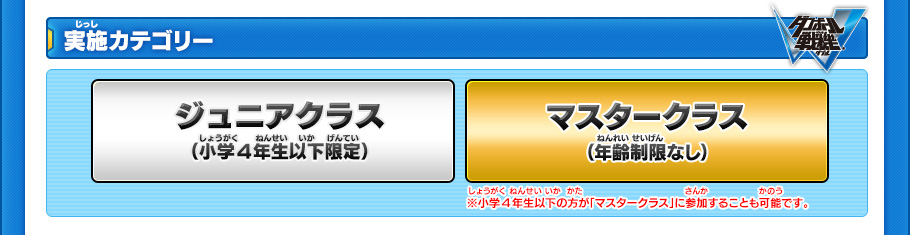 【実施カテゴリー】
ジュニアクラス（小学4年生以下）　マスタークラス（年齢制限なし）
※小学4年生以下の方が「マスタークラス」に参加することも可能です。