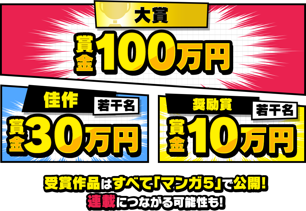 大賞：賞金100万円／佳作：若干名 賞金30万円／奨励賞：若干名 賞金10万円 受賞作品はすべて「マンガ5」で公開!連載につながる可能性も!