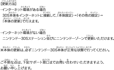 【更新方法】・インターネット環境がある場合：3DS本体をインターネットに接続して、「本体設定」→「その他の設定」→「本体の更新」で行えます。
・インターネット環境がない場合：ニンテンドー3DSステーション並びにニンテンドーゾーンで更新いただけます。※本体の更新は、必ずニンテンドー３ＤＳ本体が正常な状態で行ってください。ご不明な点は、下記サポート窓口までお問い合わせいただきますよう、お願い申し上げます。