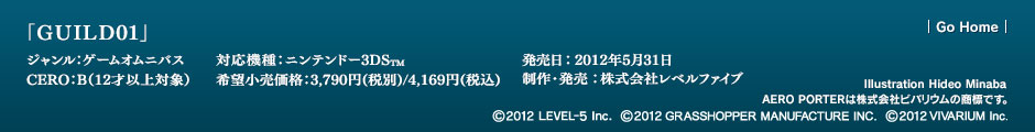 「GUILD01」ジャンル：ゲームオムニバス／対応機種：ニンテンドー3DS／発売日：2012年5月31日／CERO：B（12才以上対象）／希望小売価格：3,790円(税別)/4,169円(税込)／制作・発売：株式会社レベルファイブ