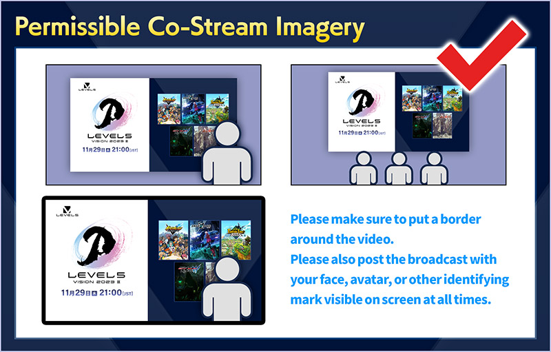 Permissible Co-Stream Imagery／Please make sure to put a border around the video.Please also post the broadcast with your face, avatar, or other identifying mark visible on screen at all times.