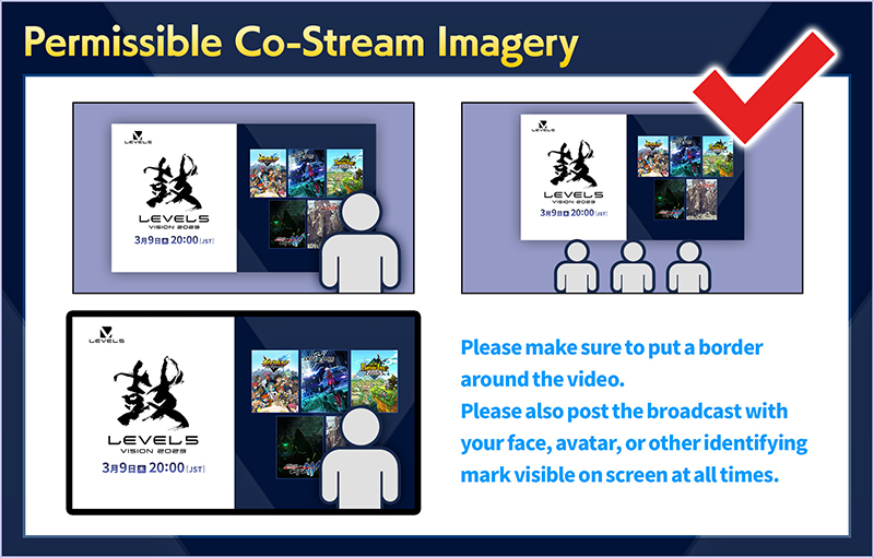 Permissible Co-Stream Imagery／Please make sure to put a border around the video.Please also post the broadcast with your face, avatar, or other identifying mark visible on screen at all times.